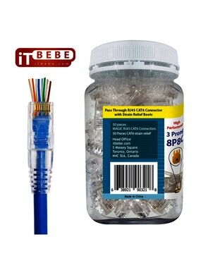 ITBEBE Gold-Plated Pass Through RJ45 Cat6 3-Prong Connectors and Cable Stra…